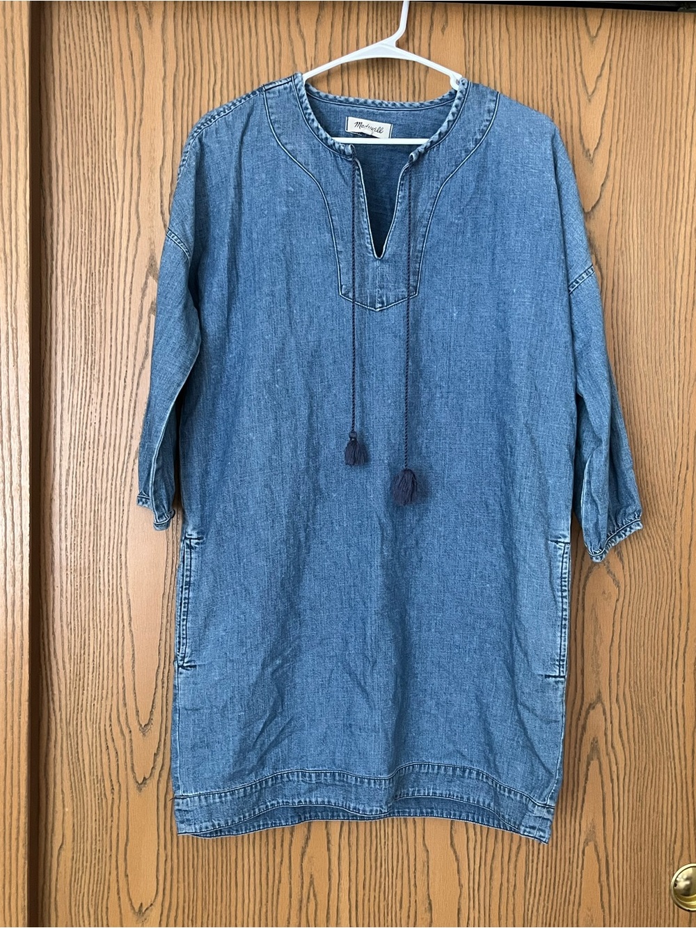 Women’s Madewell Artiste Denim Chambray Shift Tunic Mini Dress Tassel Ties Small
